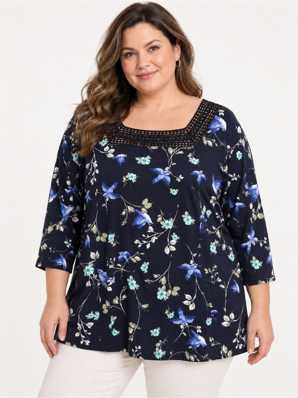 NEW Croft & Barrow Women 3X Navy Floral Bird Print Crochet Neck Boho Tunic Top
